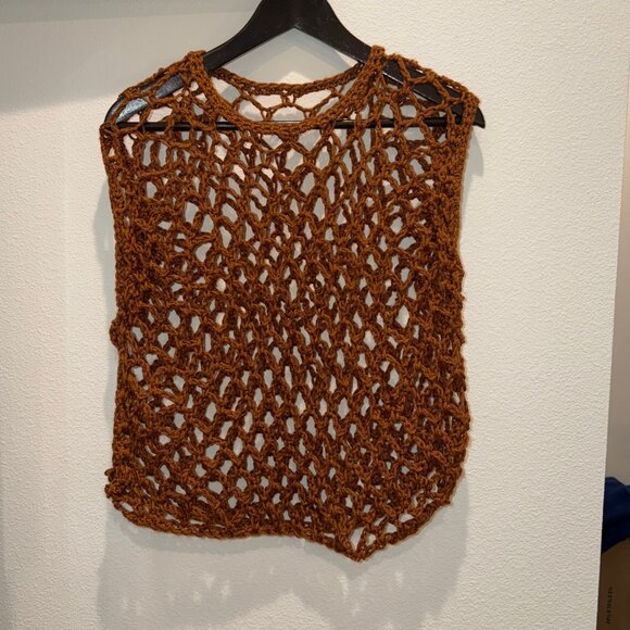 Handmade Sweaters - Brown Open Knit Mesh Handmade Sweater Vest Layer M